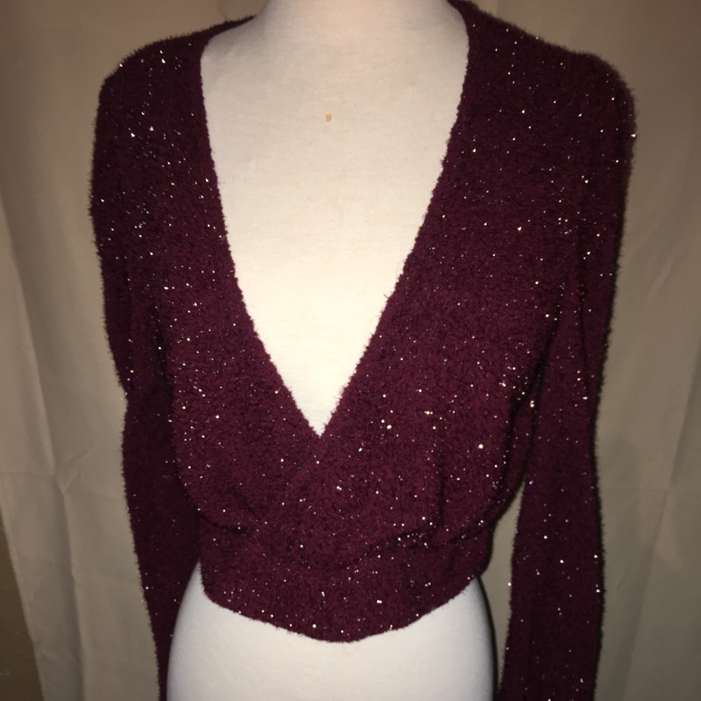 Fashion Nova Burgundy‎ Glitter Fuzzy Cropped Sweater Top Size